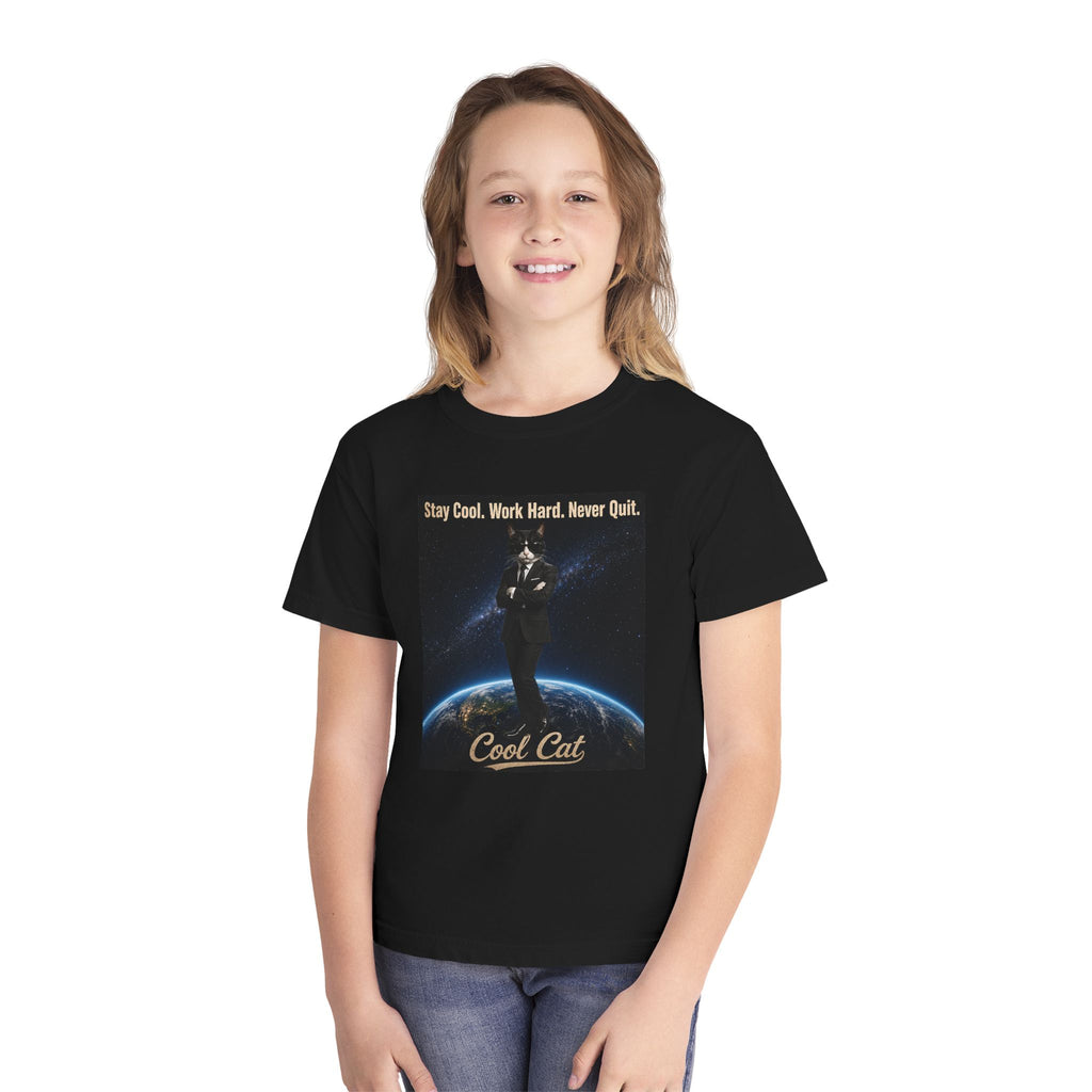 Cool Cat Youth Tee — "Stay Cool, Work Hard, Never Quit" Motivational Graphic Shirt