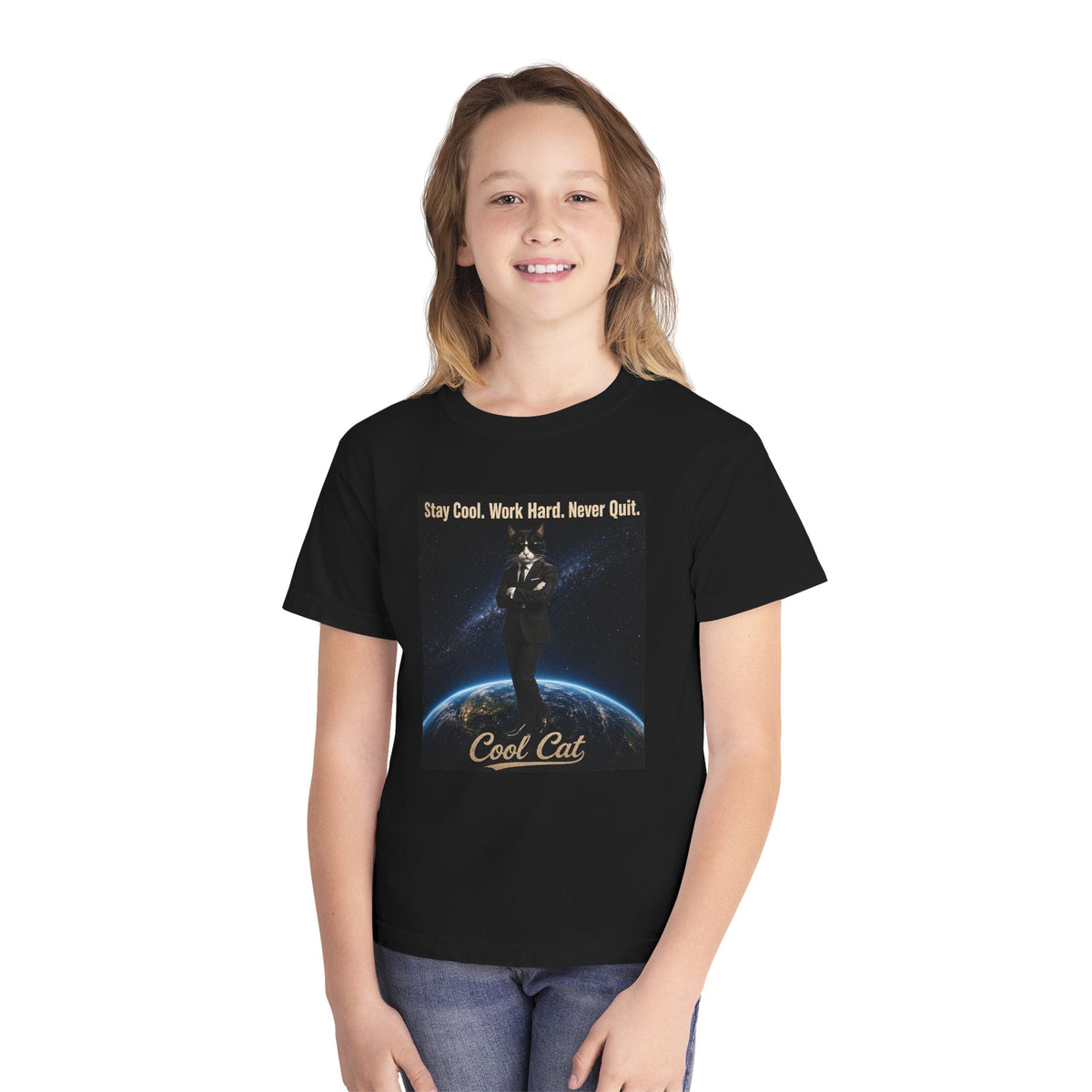 Cool Cat Youth Tee — "Stay Cool, Work Hard, Never Quit" Motivational Graphic Shirt