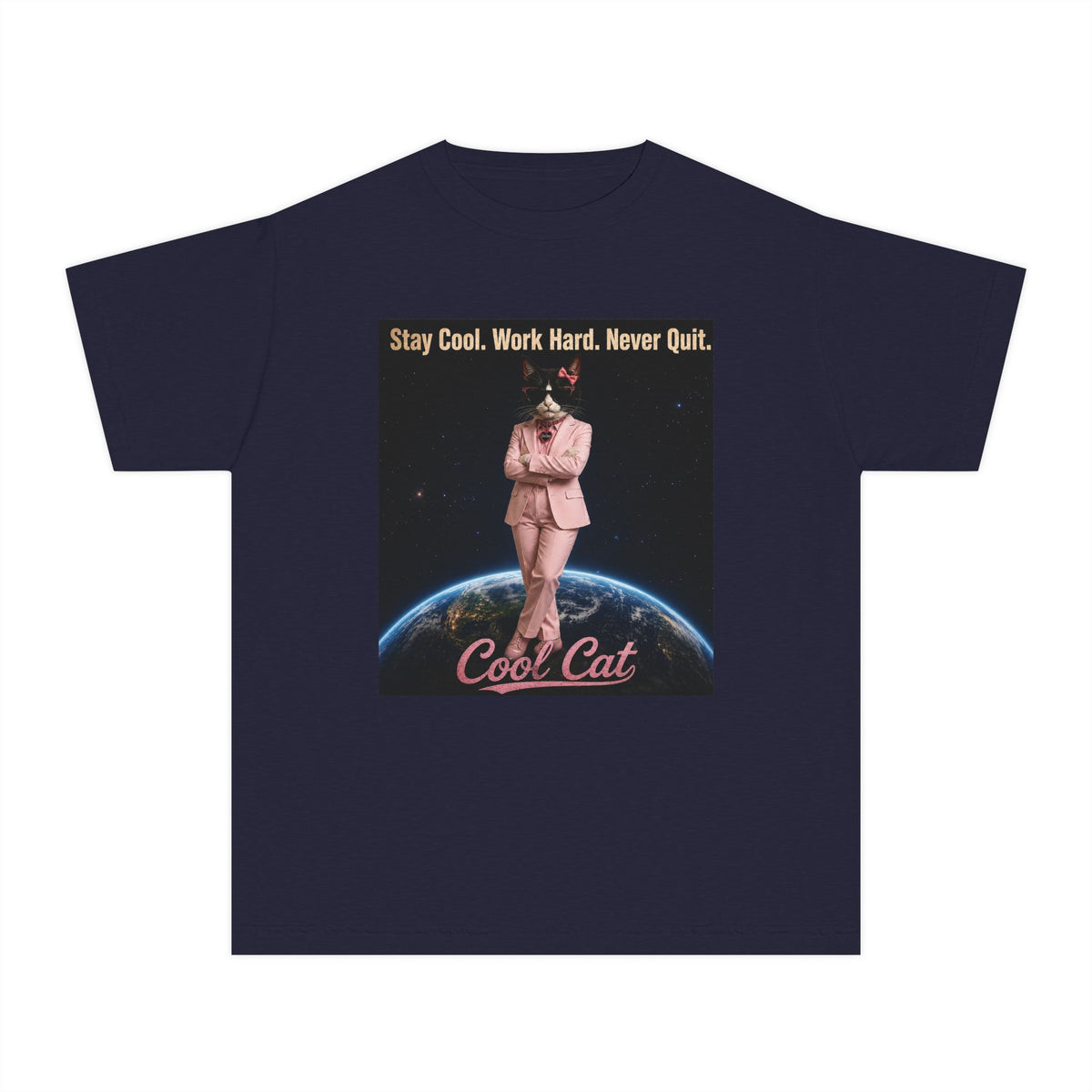 Cool Cat De Dee Standing on the Globe  Youth Tee — "Stay Cool, Work Hard, Never Quit" Motivational Graphic Shirt