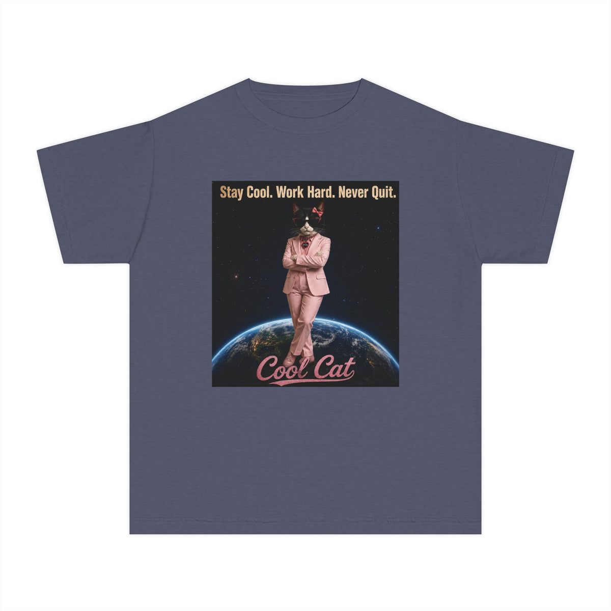 Cool Cat De Dee Standing on the Globe Youth Tee — 'Stay Cool. Work Hard. Never Quit.' Motivational Graphic Tee
