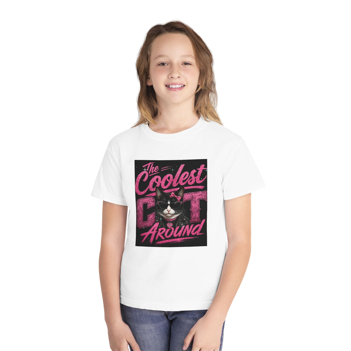 Youth Tee — "The Coolest Cat Around" Graphic Cat Shirt