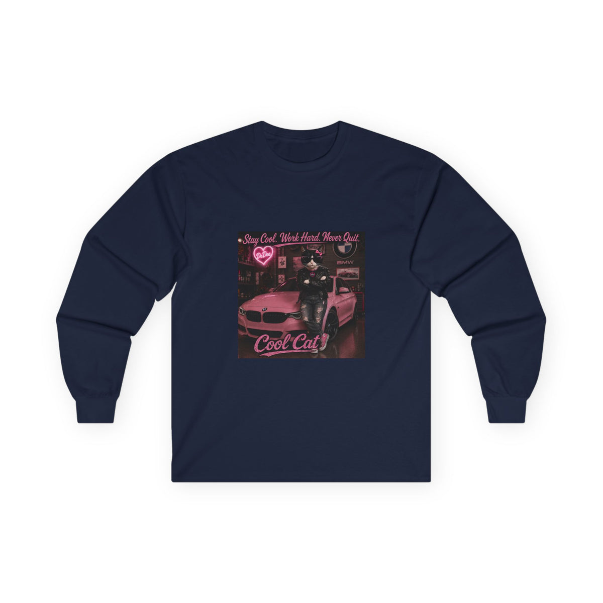Cool Cat Long Sleeve Tee – "Stay Cool. Work Hard. Never Quit." Graphic Shirt
