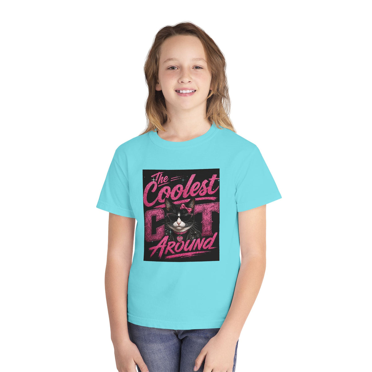 Youth Tee — "The Coolest Cat Around" Graphic Cat Shirt