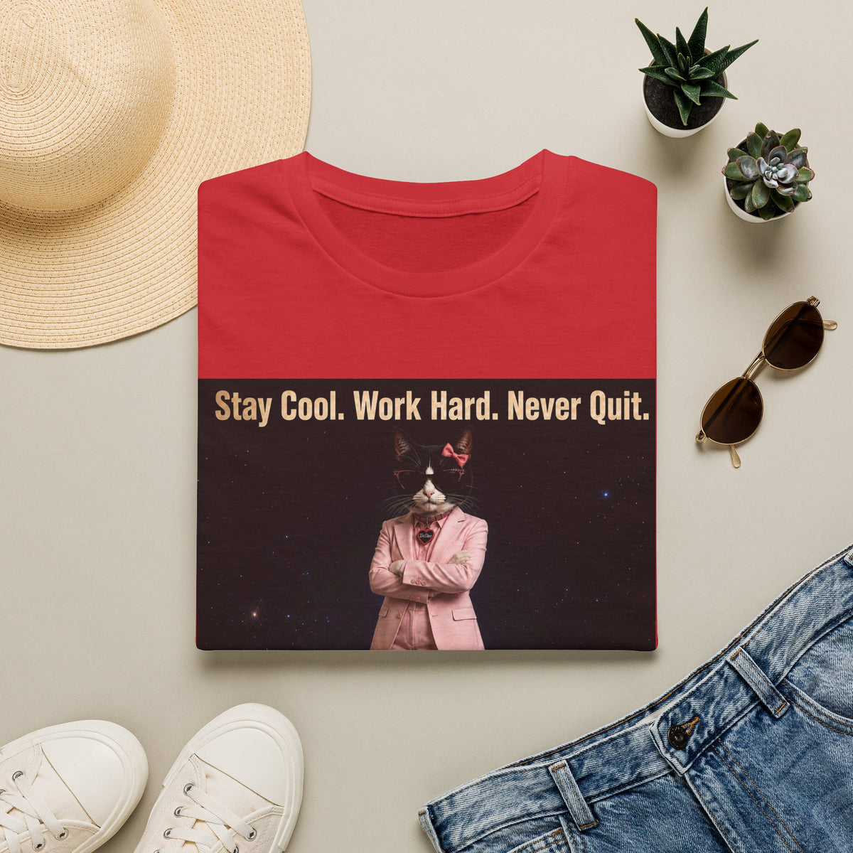 Cool Cat De Dee Standing on the Globe Motivational T-Shirt — "Stay Cool. Work Hard. Never Quit."