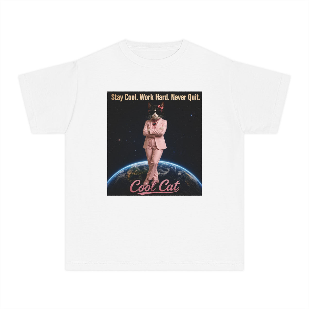 Cool Cat De Dee Standing on the Globe Youth Tee — 'Stay Cool. Work Hard. Never Quit.' Motivational Graphic Tee