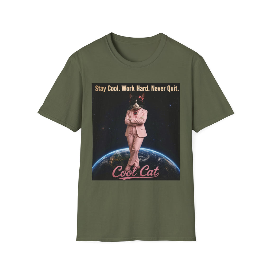 Cool Cat De Dee Standing on the Globe Motivational T-Shirt — "Stay Cool. Work Hard. Never Quit."