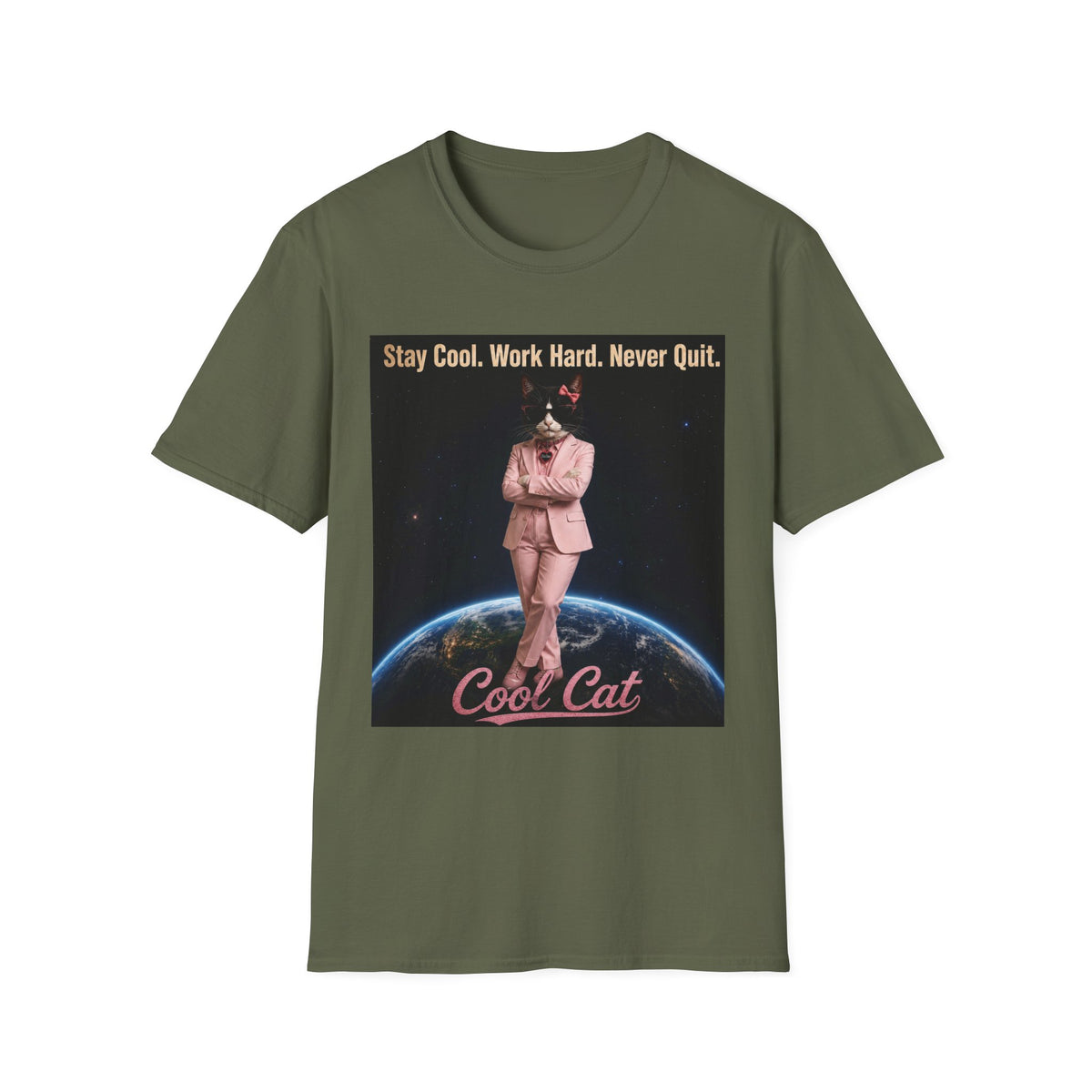 Cool Cat De Dee Standing on the Globe Motivational T-Shirt — "Stay Cool. Work Hard. Never Quit."