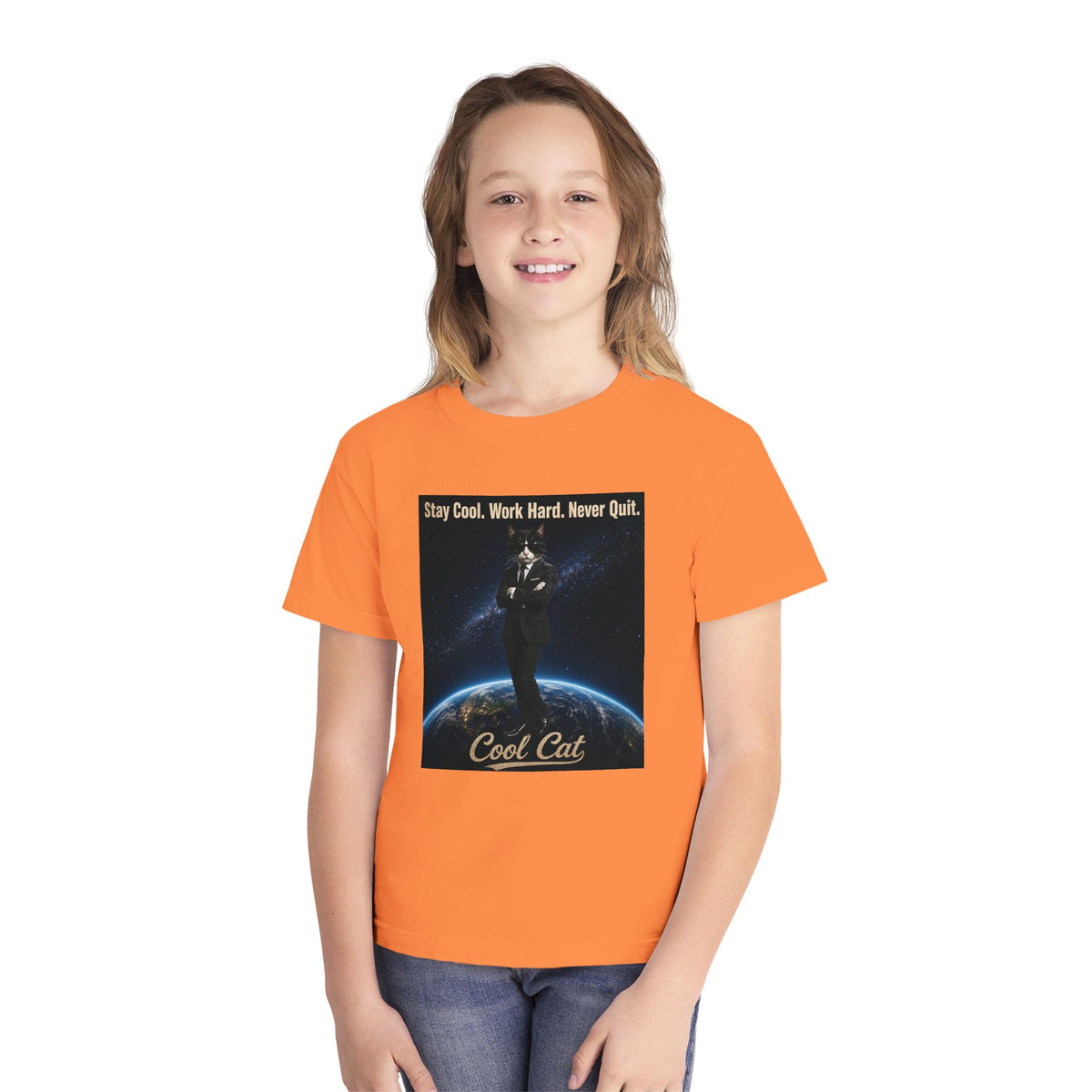 Cool Cat Youth Tee — "Stay Cool, Work Hard, Never Quit" Motivational Graphic Shirt