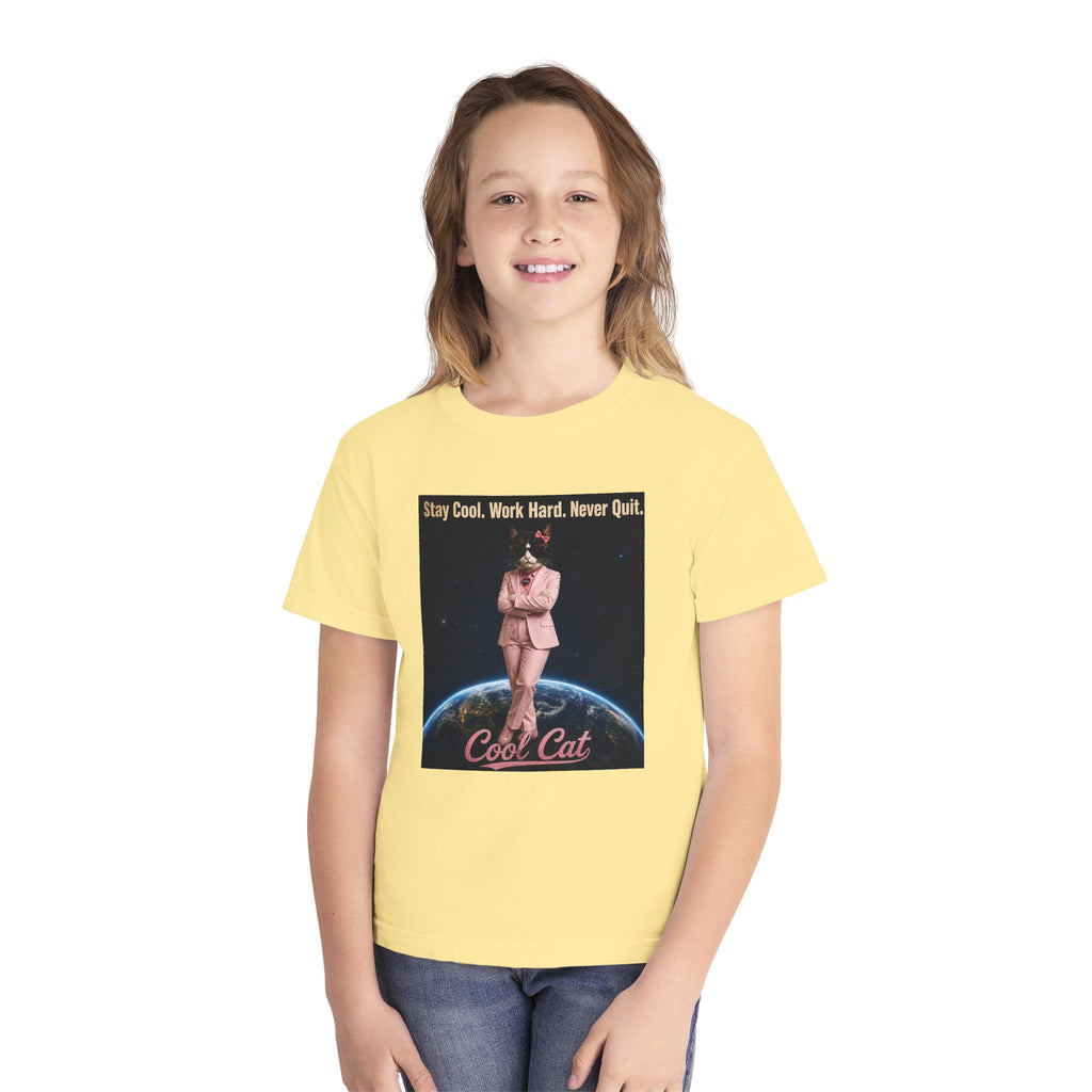 Cool Cat De Dee Standing on the Globe  Youth Tee — "Stay Cool, Work Hard, Never Quit" Motivational Graphic Shirt