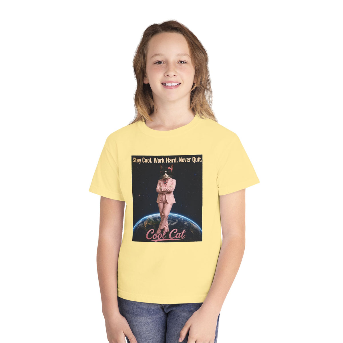 Cool Cat De Dee Standing on the Globe  Youth Tee — "Stay Cool, Work Hard, Never Quit" Motivational Graphic Shirt