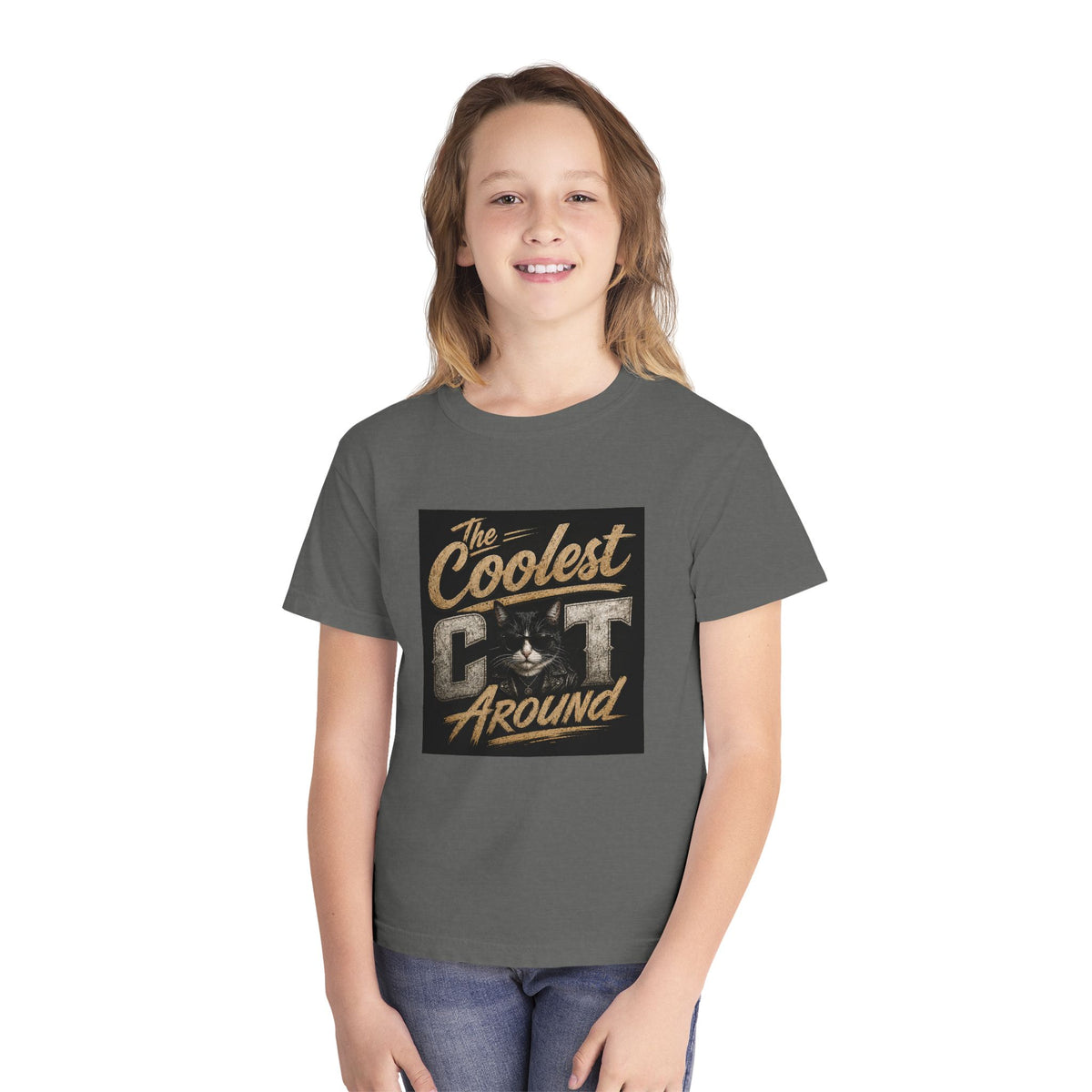 Youth Tee - "The Coolest Cat Around" Retro Graphic Cat Shirt