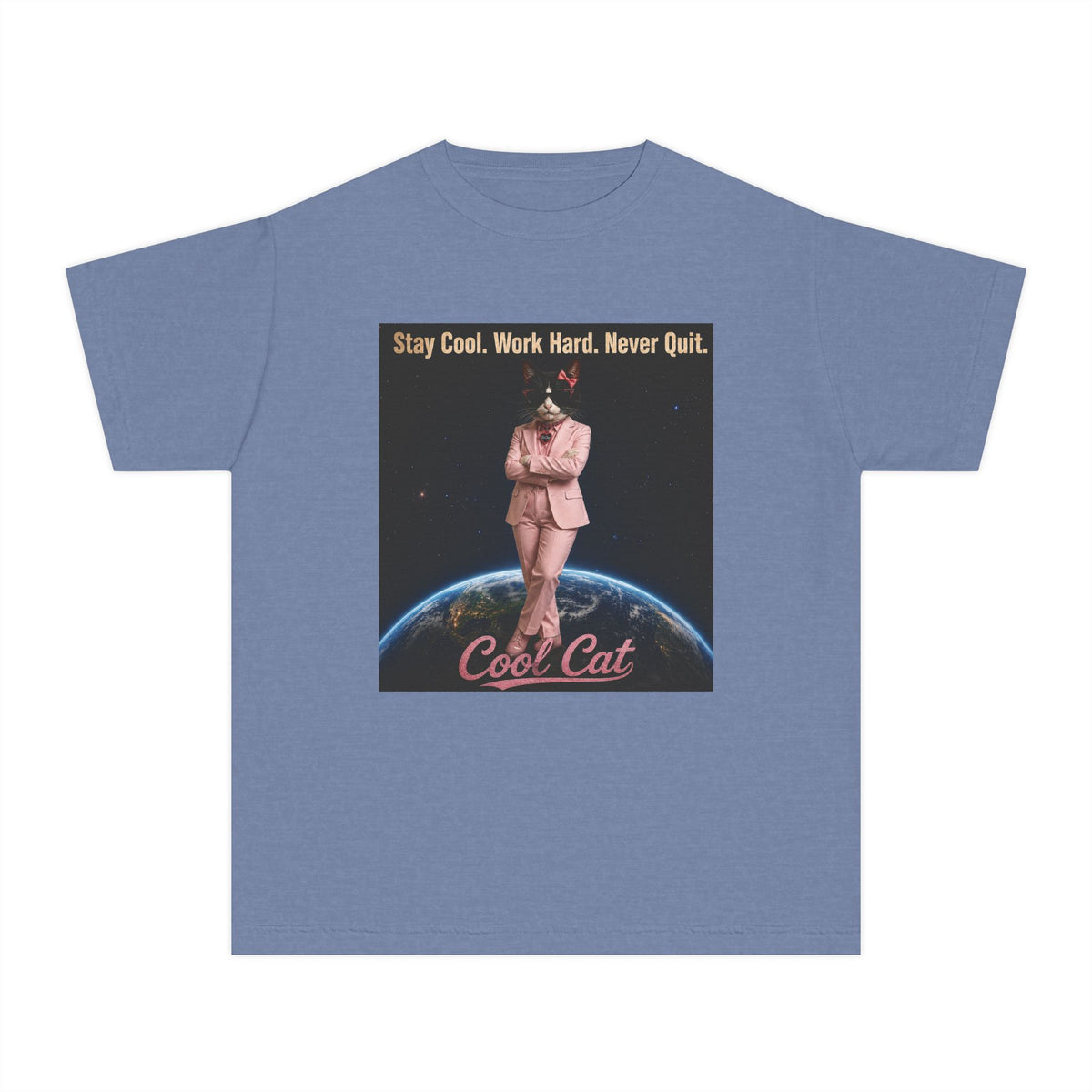 Cool Cat De Dee Standing on the Globe Youth Tee — 'Stay Cool. Work Hard. Never Quit.' Motivational Graphic Tee