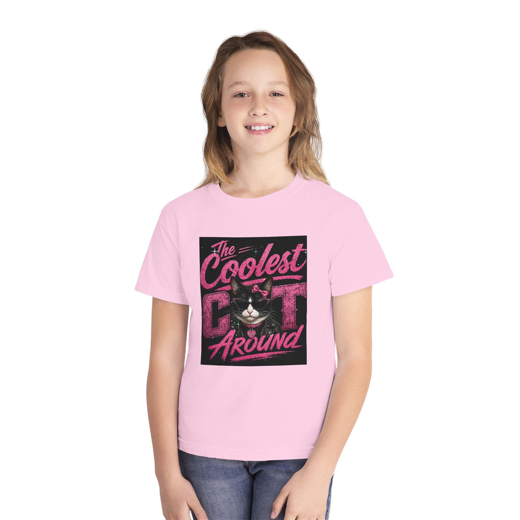Youth Tee — "The Coolest Cat Around" Graphic Cat Shirt