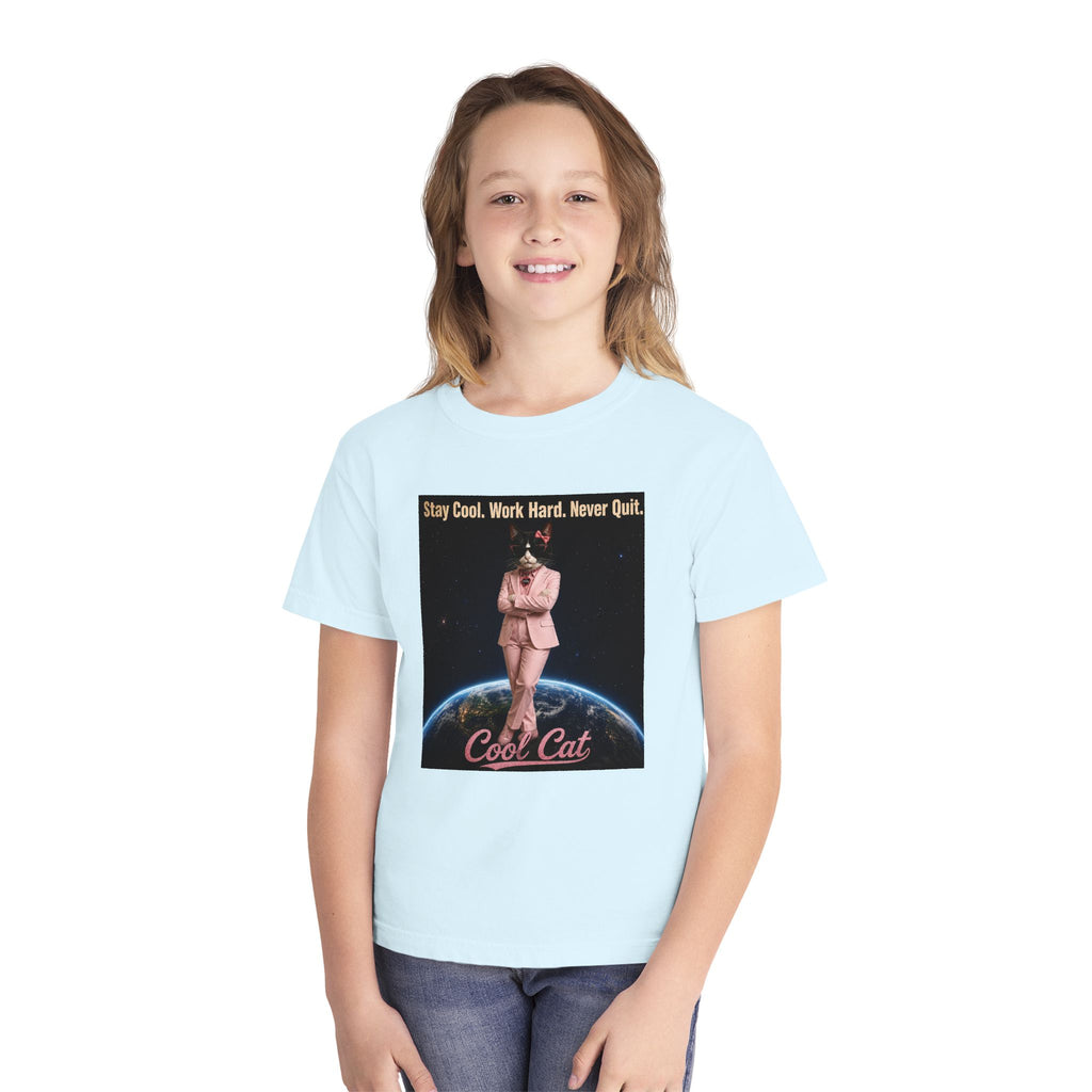 Cool Cat De Dee Standing on the Globe  Youth Tee — "Stay Cool, Work Hard, Never Quit" Motivational Graphic Shirt