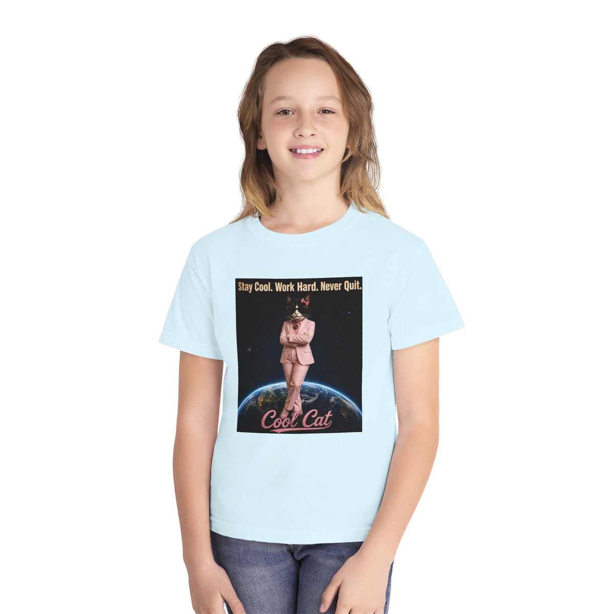 Cool Cat De Dee Standing on the Globe  Youth Tee — "Stay Cool, Work Hard, Never Quit" Motivational Graphic Shirt