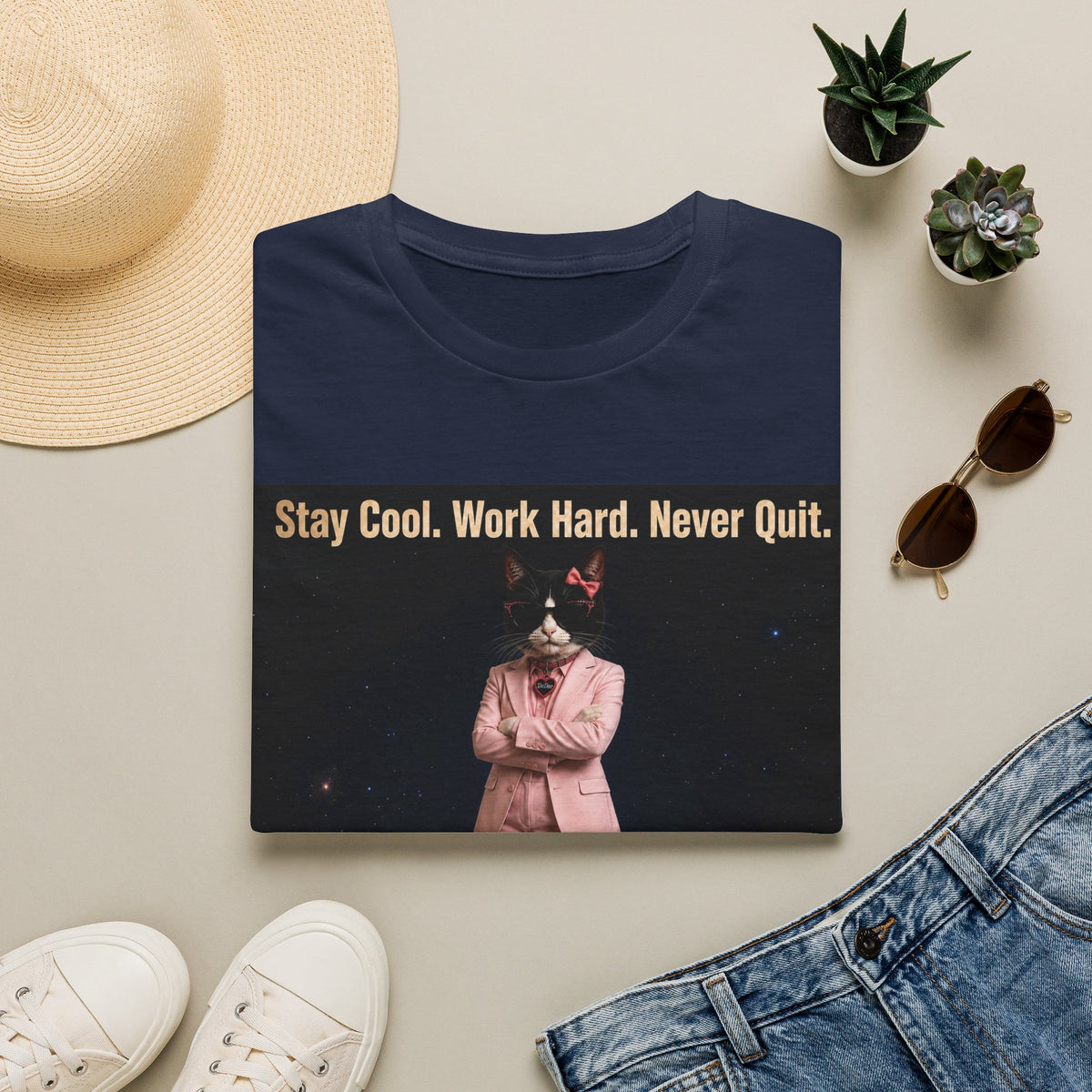 Cool Cat De Dee Standing on the Globe Motivational T-Shirt — "Stay Cool. Work Hard. Never Quit."