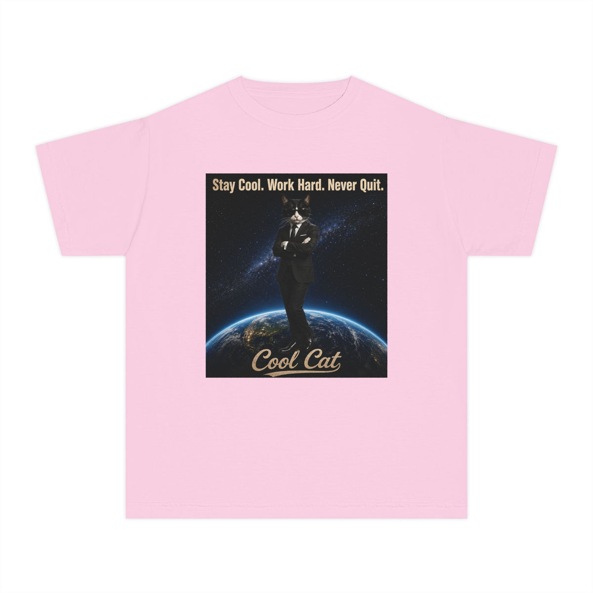 Cool Cat Youth Tee — "Stay Cool, Work Hard, Never Quit" Motivational Graphic Shirt
