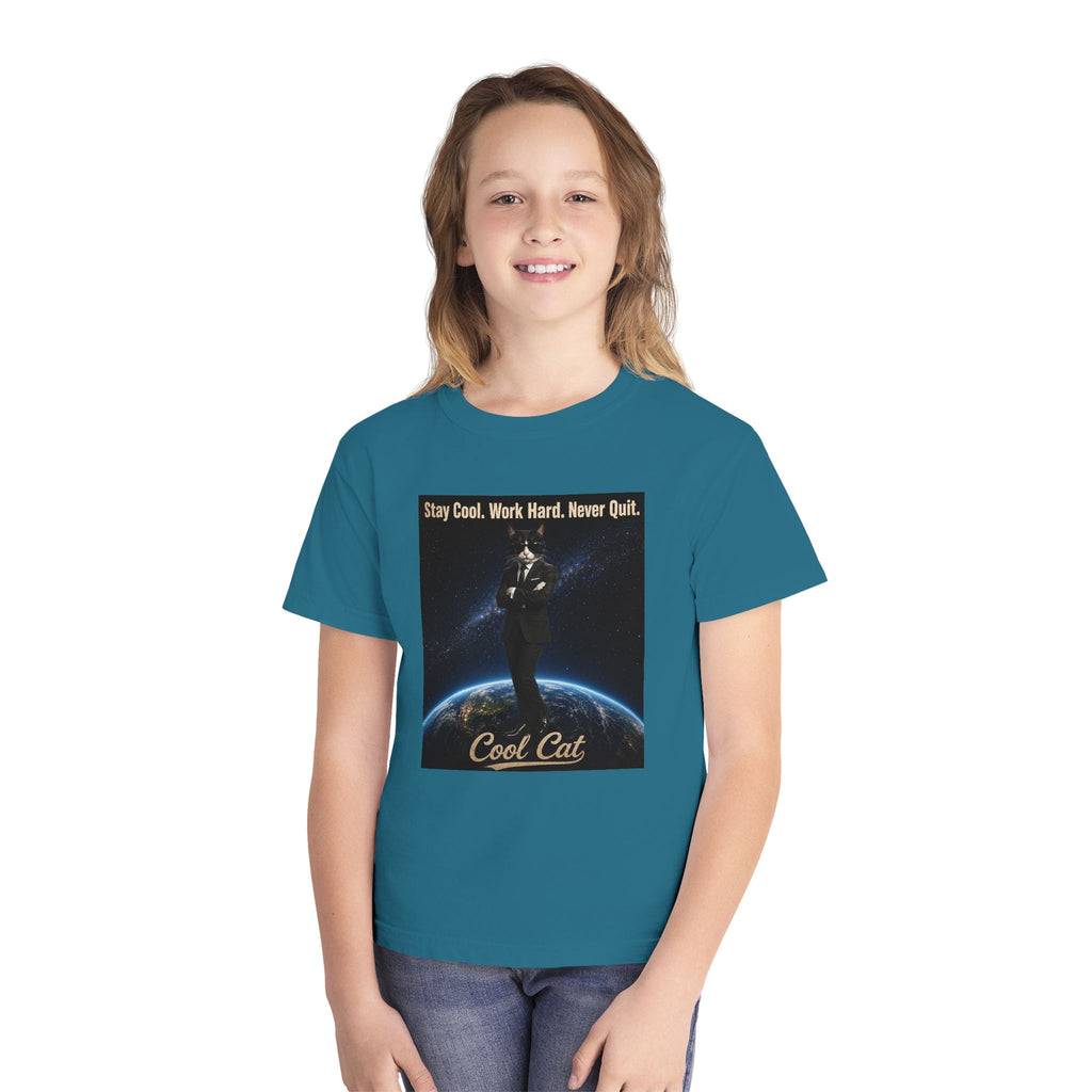 Cool Cat Youth Tee — "Stay Cool, Work Hard, Never Quit" Motivational Graphic Shirt