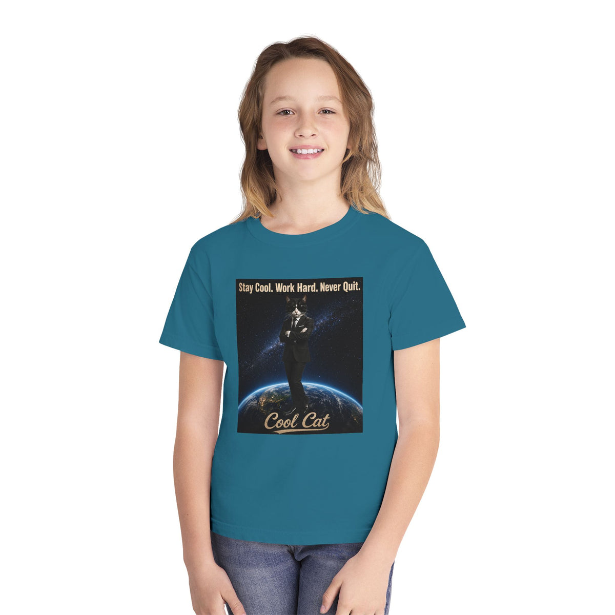 Cool Cat Youth Tee — "Stay Cool, Work Hard, Never Quit" Motivational Graphic Shirt