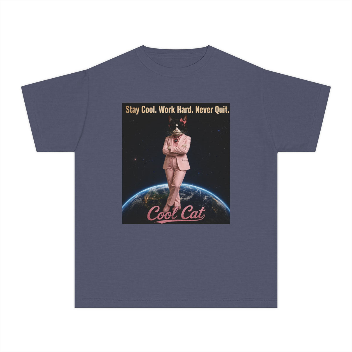 Cool Cat De Dee Standing on the Globe  Youth Tee — "Stay Cool, Work Hard, Never Quit" Motivational Graphic Shirt