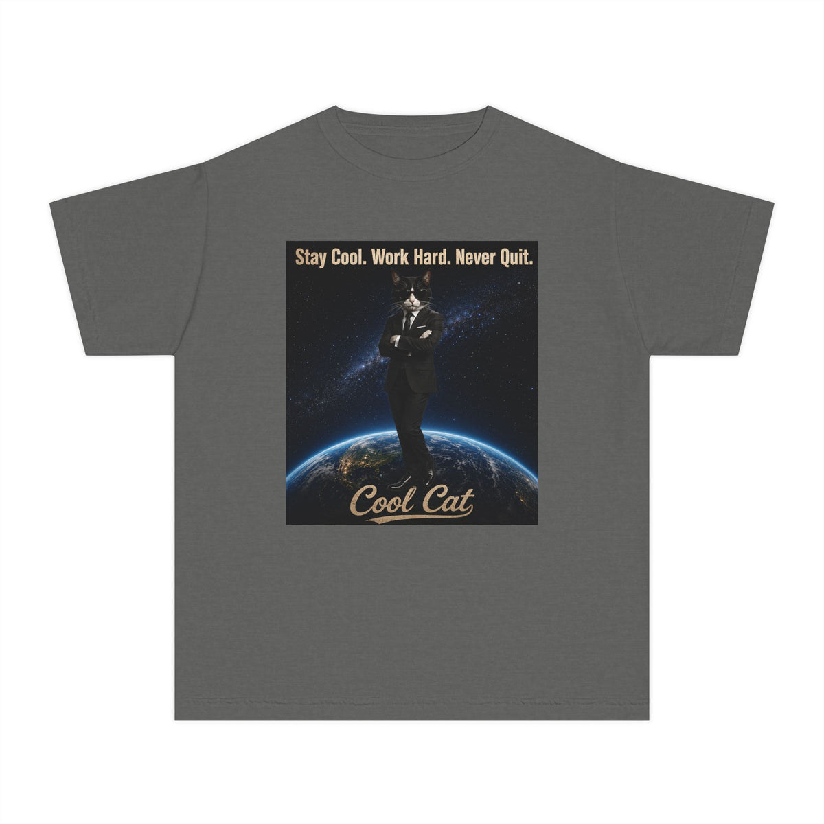 Cool Cat Youth Tee — "Stay Cool, Work Hard, Never Quit" Motivational Graphic Shirt