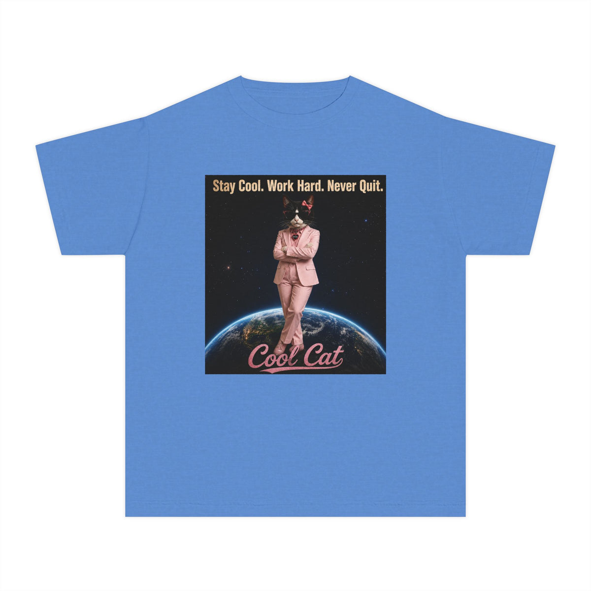 Cool Cat De Dee Standing on the Globe Youth Tee — 'Stay Cool. Work Hard. Never Quit.' Motivational Graphic Tee