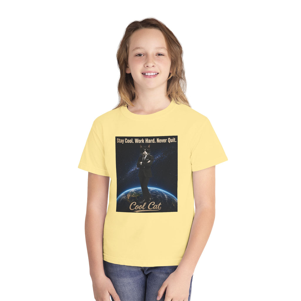 Cool Cat Youth Tee — "Stay Cool, Work Hard, Never Quit" Motivational Graphic Shirt