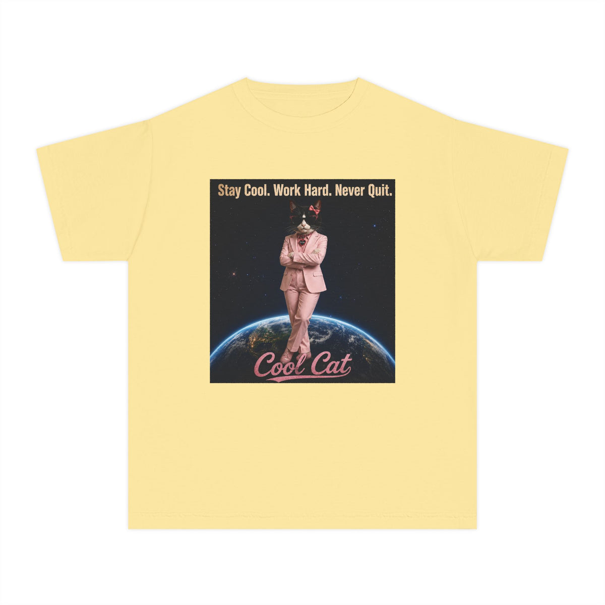 Cool Cat De Dee Standing on the Globe Youth Tee — 'Stay Cool. Work Hard. Never Quit.' Motivational Graphic Tee