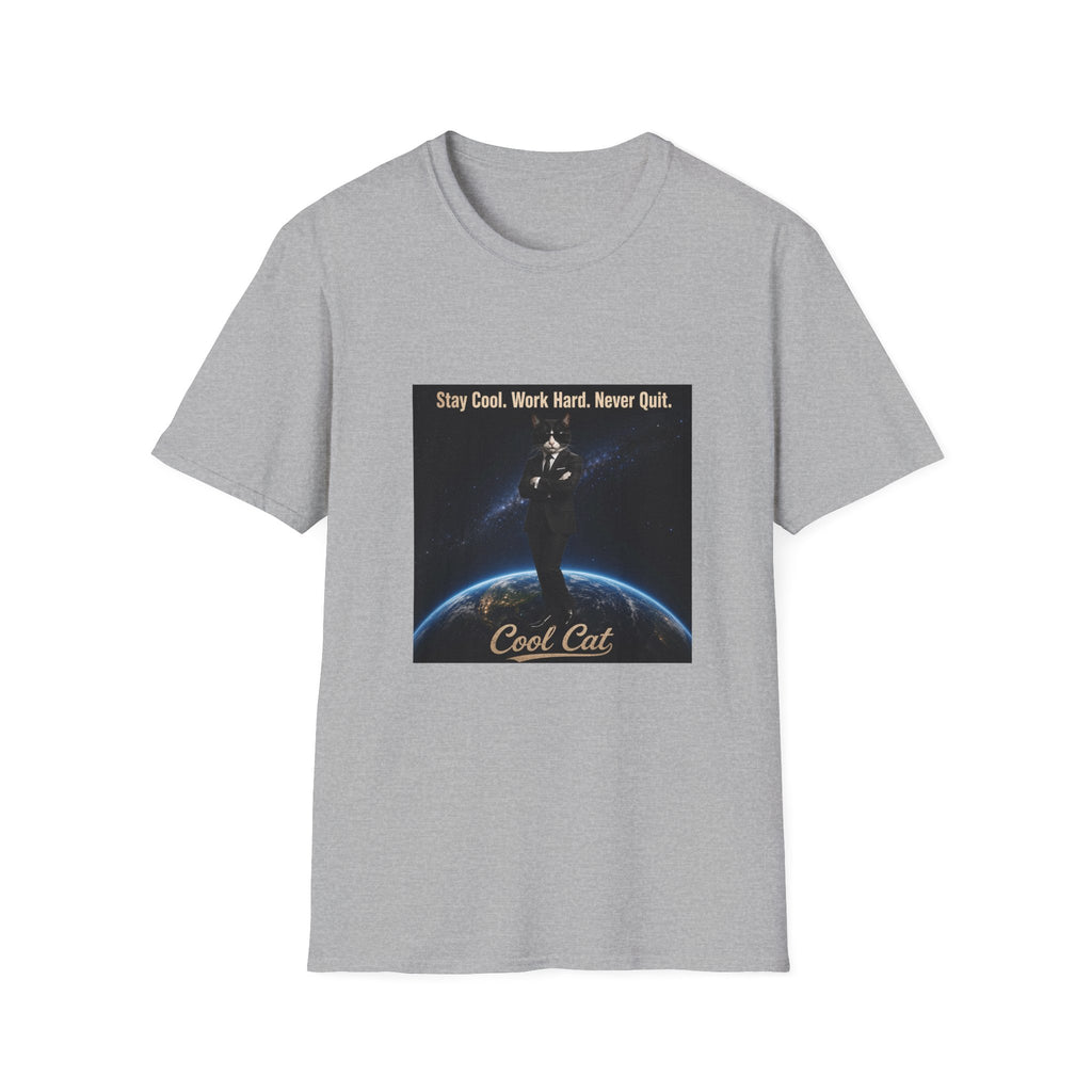 Cool Cat Motivational T-Shirt — "Stay Cool. Work Hard. Never Quit."
