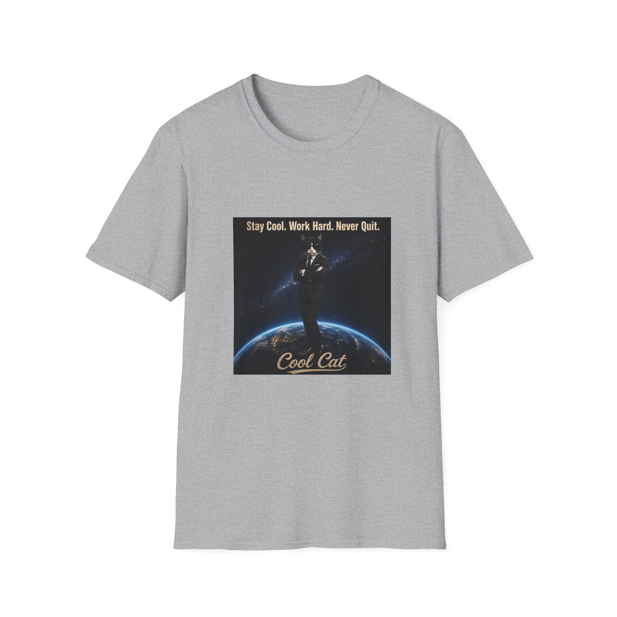 Cool Cat Motivational T-Shirt — "Stay Cool. Work Hard. Never Quit."