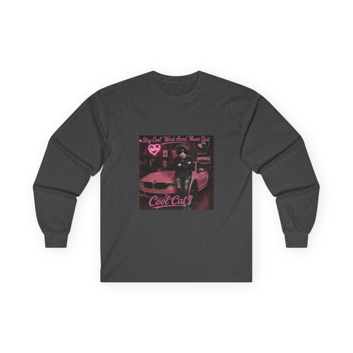 Cool Cat Long Sleeve Tee – "Stay Cool. Work Hard. Never Quit." Graphic Shirt
