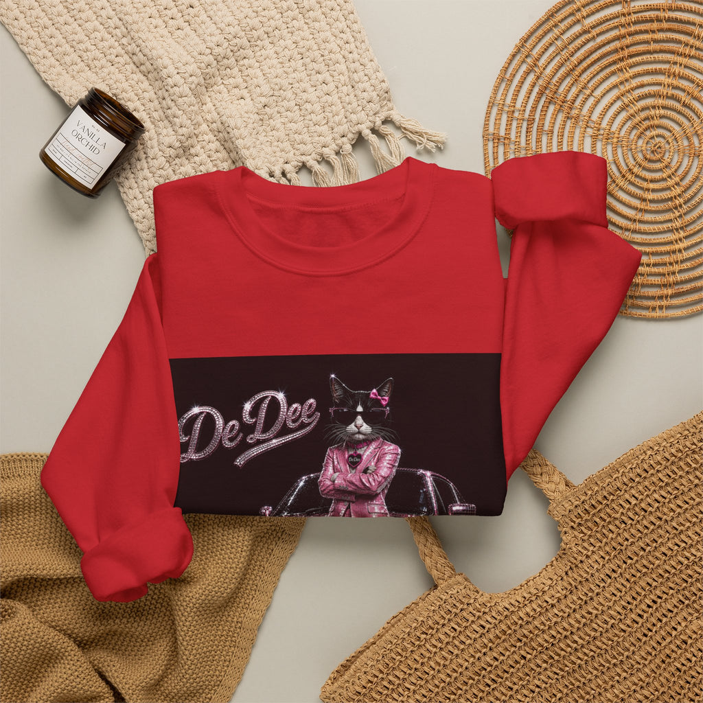 Cool Cat sparkles car Sweatshirt Pink DeDee— Retro Cat Graphic Crewneck