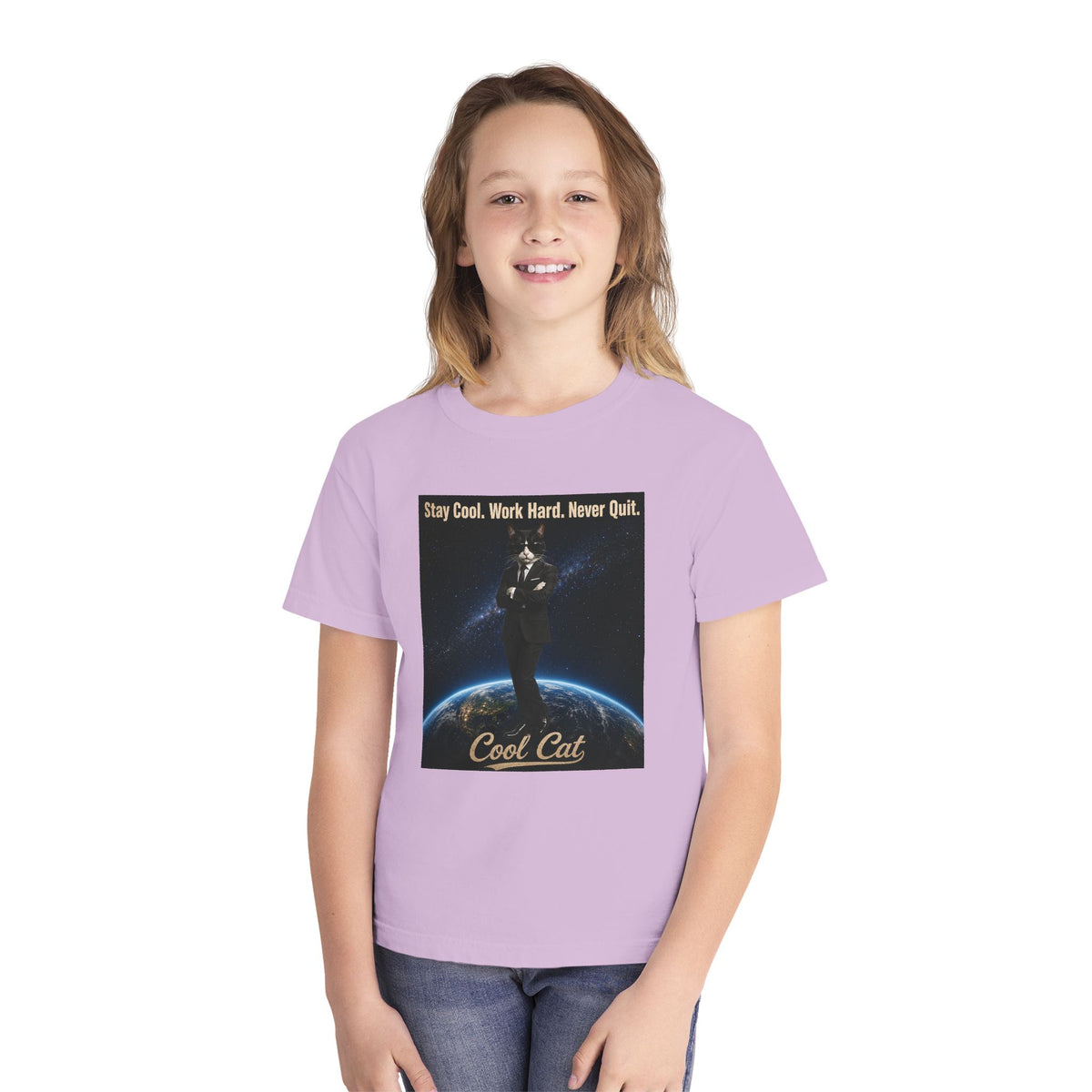 Cool Cat Youth Tee — "Stay Cool, Work Hard, Never Quit" Motivational Graphic Shirt