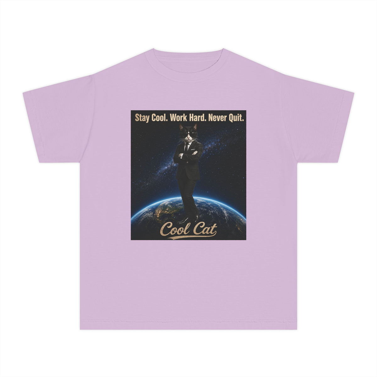 Cool Cat Youth Tee — "Stay Cool, Work Hard, Never Quit" Motivational Graphic Shirt