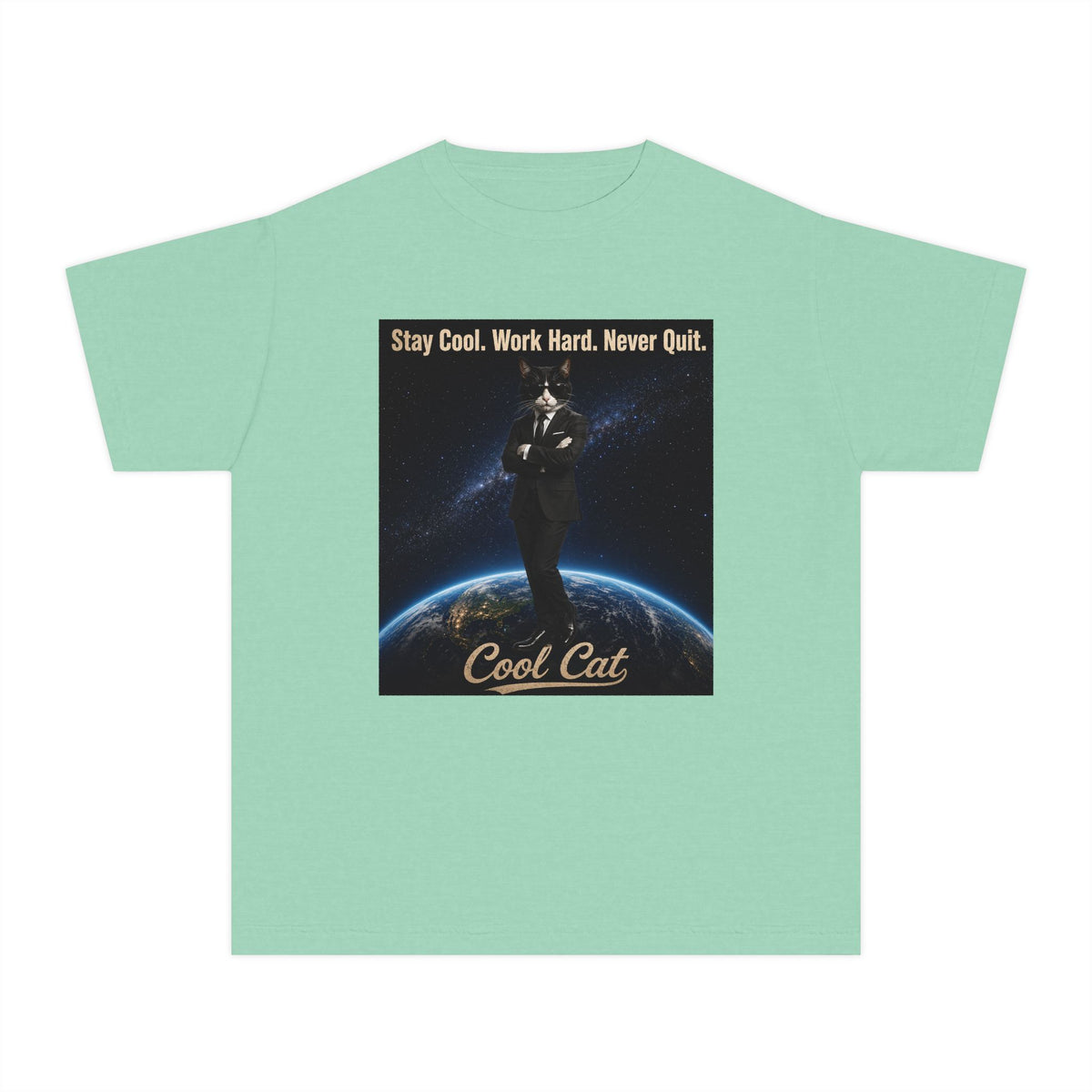 Cool Cat Youth Tee — "Stay Cool, Work Hard, Never Quit" Motivational Graphic Shirt