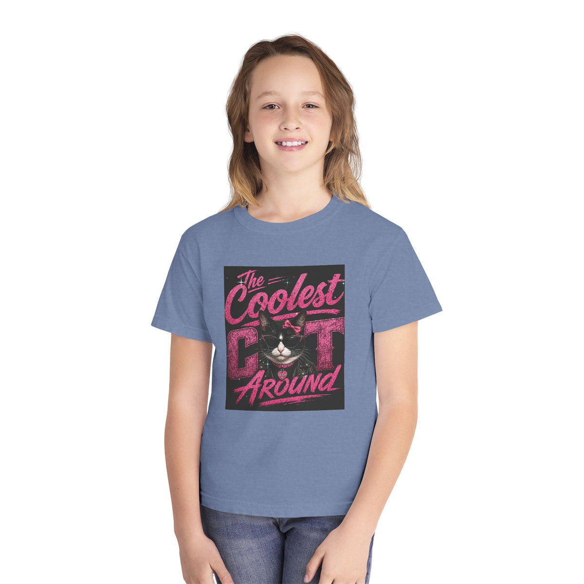 Youth Tee — "The Coolest Cat Around" Graphic Cat Shirt