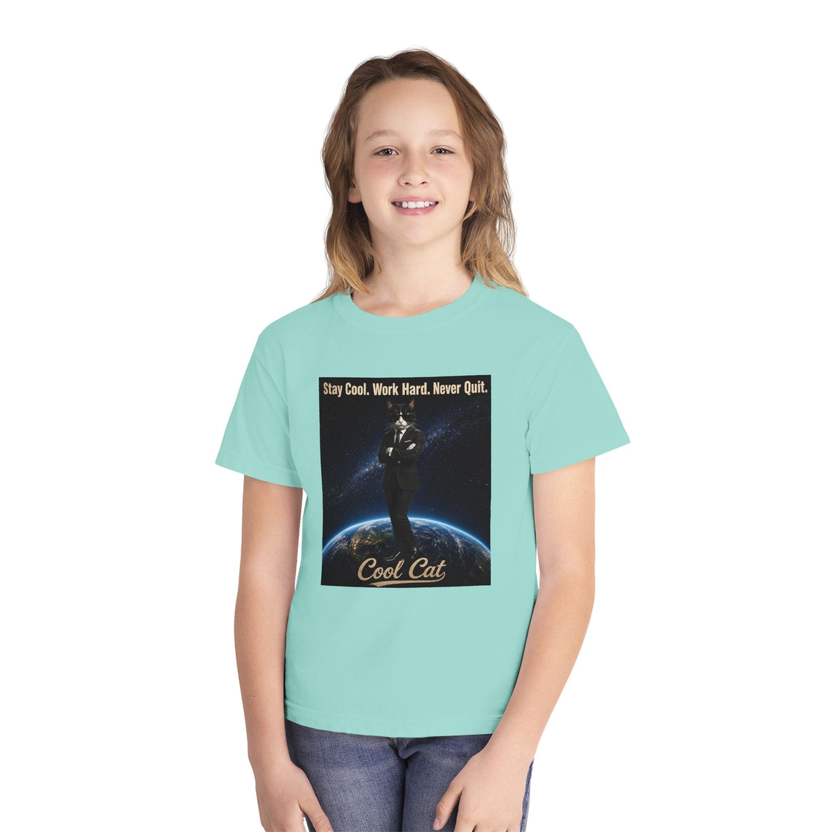 Cool Cat Youth Tee — "Stay Cool, Work Hard, Never Quit" Motivational Graphic Shirt
