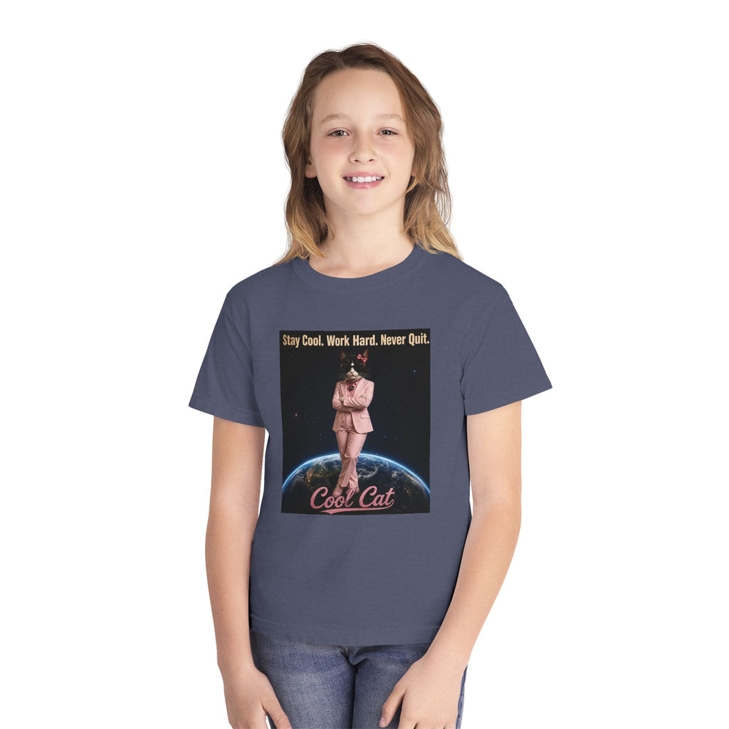 Cool Cat De Dee Standing on the Globe  Youth Tee — "Stay Cool, Work Hard, Never Quit" Motivational Graphic Shirt