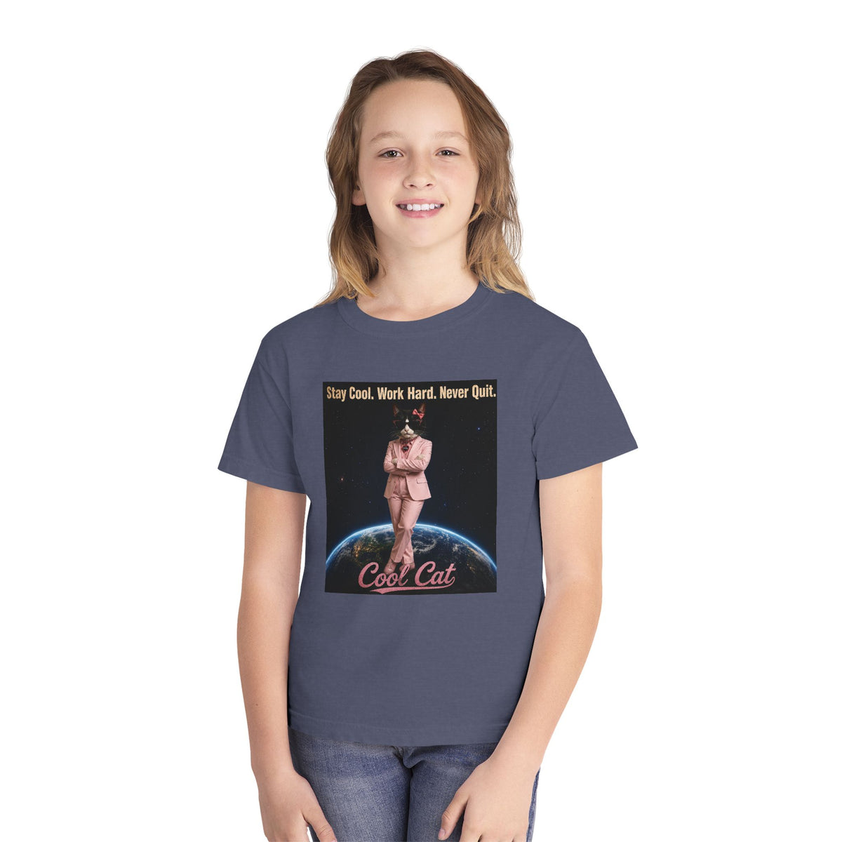 Cool Cat De Dee Standing on the Globe  Youth Tee — "Stay Cool, Work Hard, Never Quit" Motivational Graphic Shirt