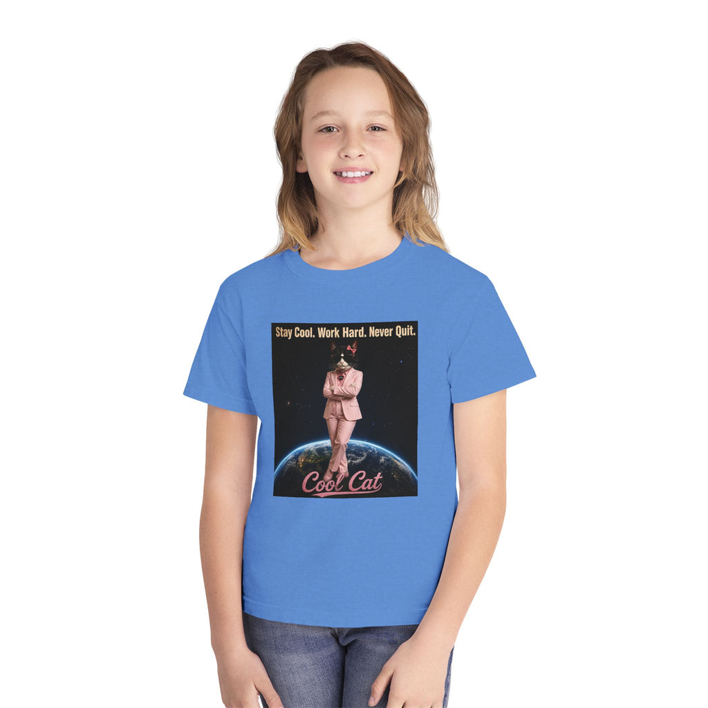 Cool Cat De Dee Standing on the Globe Youth Tee — 'Stay Cool. Work Hard. Never Quit.' Motivational Graphic Tee