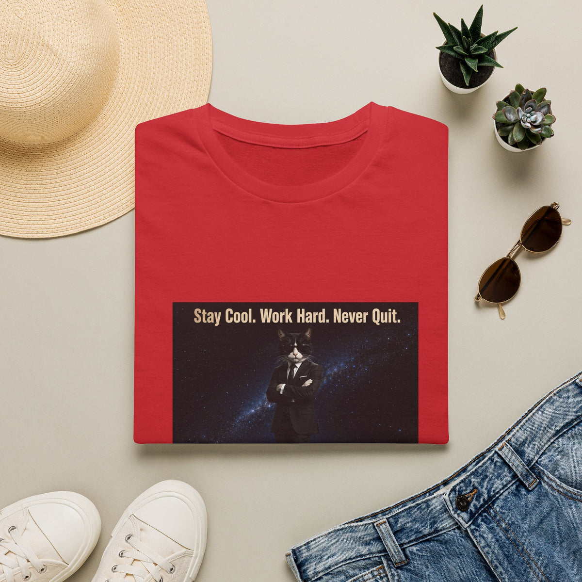 Cool Cat Motivational T-Shirt — "Stay Cool. Work Hard. Never Quit."