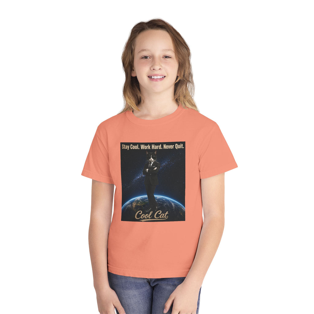 Cool Cat Youth Tee — "Stay Cool, Work Hard, Never Quit" Motivational Graphic Shirt