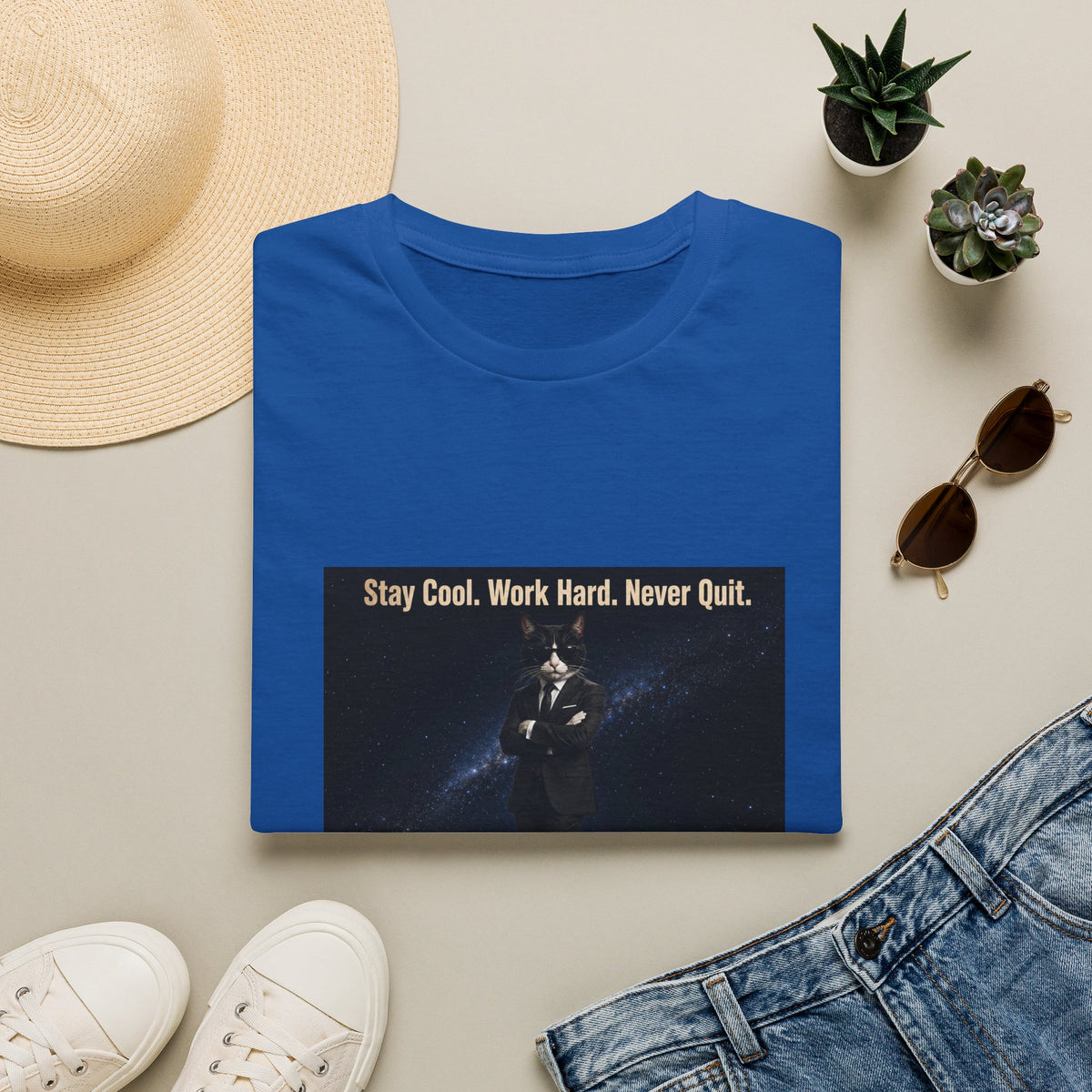 Cool Cat Motivational T-Shirt — "Stay Cool. Work Hard. Never Quit."