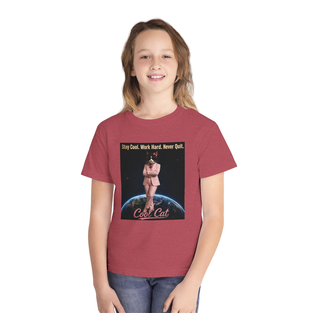 Cool Cat De Dee Standing on the Globe Youth Tee — 'Stay Cool. Work Hard. Never Quit.' Motivational Graphic Tee