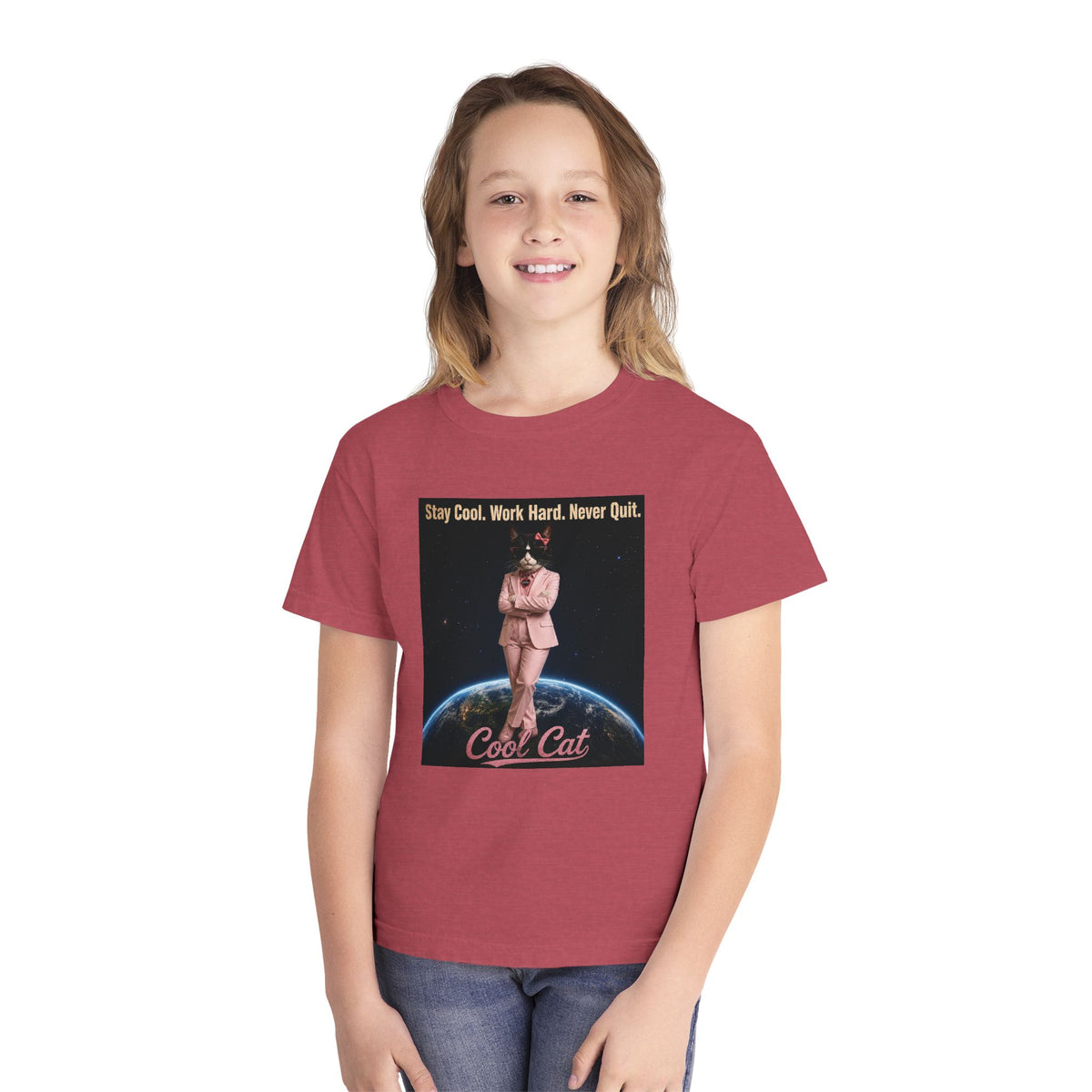 Cool Cat De Dee Standing on the Globe Youth Tee — 'Stay Cool. Work Hard. Never Quit.' Motivational Graphic Tee