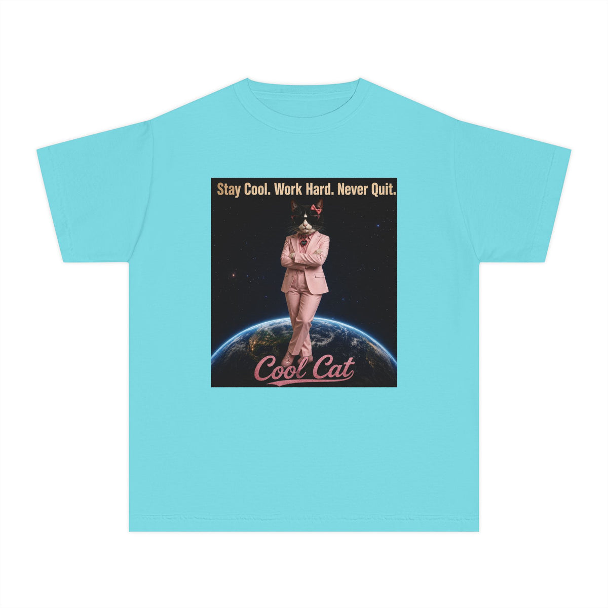 Cool Cat De Dee Standing on the Globe  Youth Tee — "Stay Cool, Work Hard, Never Quit" Motivational Graphic Shirt