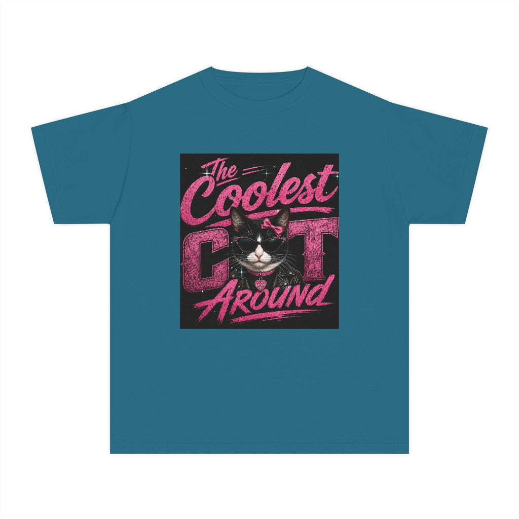 Youth Tee — "The Coolest Cat Around" Graphic Cat Shirt