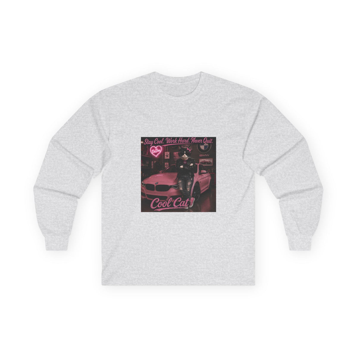 Cool Cat Long Sleeve Tee – "Stay Cool. Work Hard. Never Quit." Graphic Shirt
