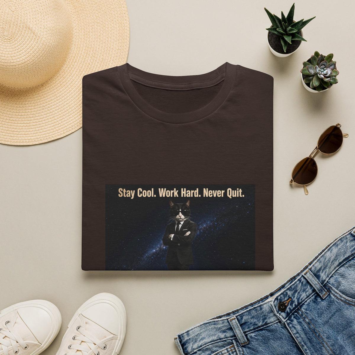 Cool Cat Motivational T-Shirt — "Stay Cool. Work Hard. Never Quit."