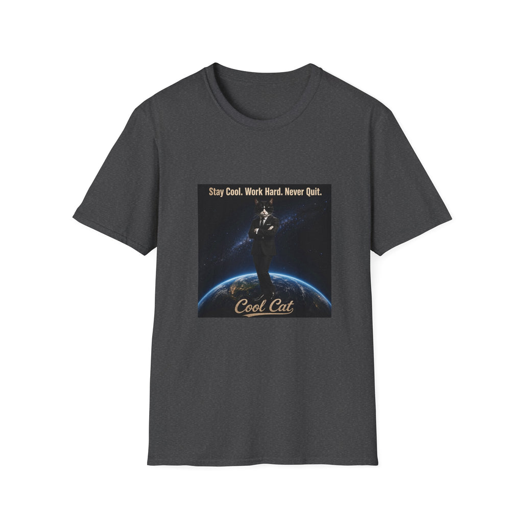 Cool Cat Motivational T-Shirt — "Stay Cool. Work Hard. Never Quit."